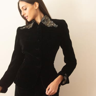 1940s Inky Black Velvet Jacket with Silver Beaded Collar 