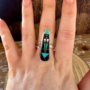 GILBERT SMITH Arrow Night Sky Inlay Ring | Native American Navajo Southwestern | Silver Turquoise Coral Mother of Pearl Jet | Adjustable 