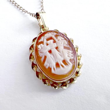 Vintage Real Shell Cameo Pendant and Earrings, Three Graces, 12k Gold Filled Setting,  Romantic Gift for Her, Hand Carved Cameo Set 