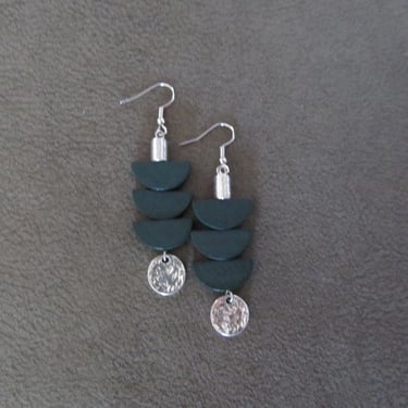 Green wooden earrings, mid century modern earrings, bold statement, unique pagoda earrings, silver 