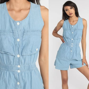 Denim Romper 90s Light Blue Chambray Playsuit Retro Boho Button Up One Piece Jean Romper Shorts Sleeveless Summer Vintage 1990s Dreams Small 
