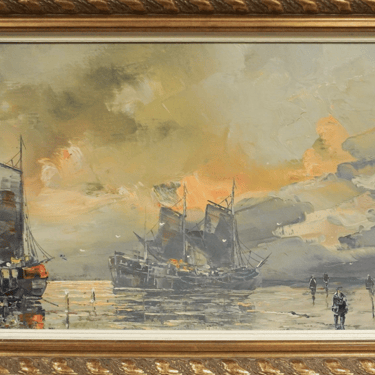 Vintage W. Darden &quot;Sailboats Along a Beach&quot; Original Art
