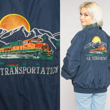 Train Bomber Jacket 90s GE Transportation Embroidered Kelly Windbreaker Navy Blue Fleece Lined Zip Up Railroad Sunset Vintage 1990s Large L 