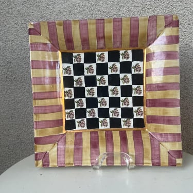 Vintage 1997 Mackenzie Childs Pottery Square Platter Frank & Mustard. Size 12” x 12” x 2” 