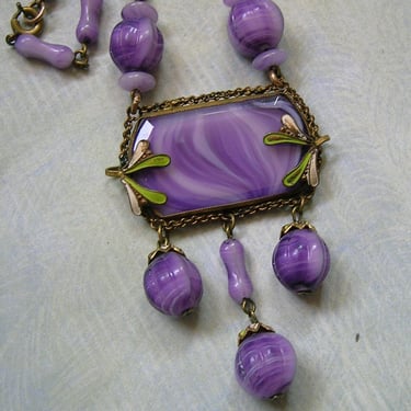 Antique Art Deco Czech Necklace With Enamel and Purple Art Glass Stone, Old Purple Glass Czech Necklace, Czech Drippy Necklace (4420) 