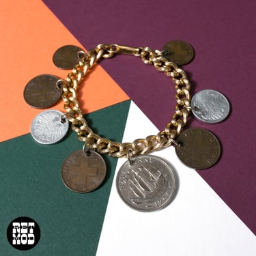 Incredible Vintage 60s 70s Chunky Gold Silver Coin Charm Bracelet 