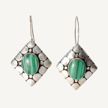 Modernist Sterling Silver Malachite Dangle Earrings, Cute Gemstone Earrings, 1.5