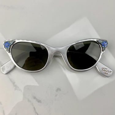 Vintage 1950'S Cat Eye Sunglasses - by TURA - Silver Aluminum Frame with Etchings - Guilloche Enamel Tips - Optical Quality - Smaller Frames 