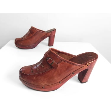 Vintage 1970s whiskey leather studded platform clogs | ‘70s wooden high heel mules, 7.5 - 8B 