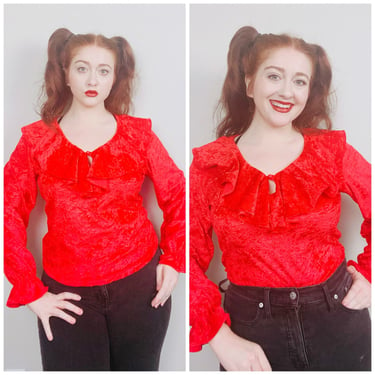1990s Vintage Red Crushed Velvet Poet Blouse / 90s / Nineties Ruffled Collar Romantic Shirt / Size Large 