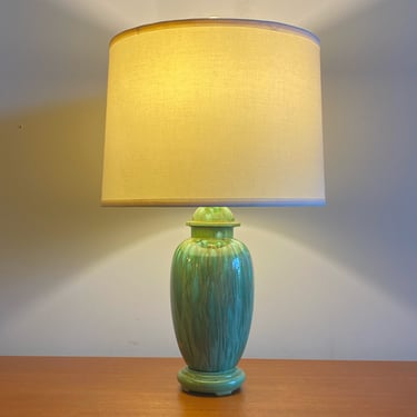 Pretty Turquoise Swirl Ceramic Lamp w/ Barrel Shade & Marble Finial