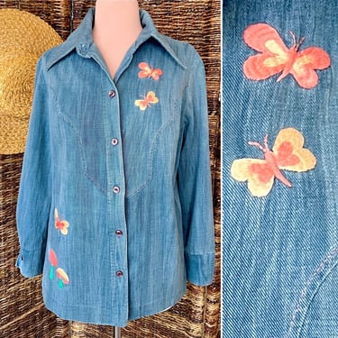 Groovy Embroidered Jean Jacket, Denim Shacket, Shirt, Embroidery Butterfly Butterflies, Mushrooms, Vintage 70s 