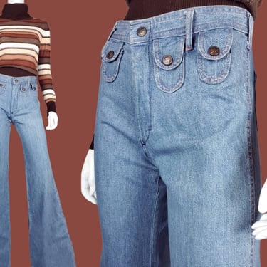 Wide leg pocket jeans from the 70s. Big bells & mini snap pockets. Hippie woodstock Janis. (29 x 35 SLIM) 