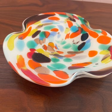 Vintage 1960s Murano Rainbow Confetti Colored Glass Ashtray In The Style of Fratelli Toso 