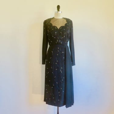 1940's Black Crepe Evening Dress Rhinestones Beading Long Sleeves Nude Illusion Neckline Formal Party Fall Winter Rockabilly 28