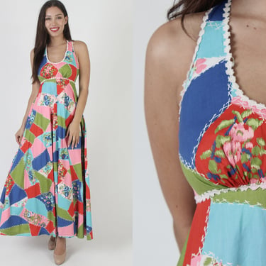 Colorful Patchwork Bohemian Maxi Dress, Vintage 70s Crochet Halter Gown, High Waisted Racer Open Back, Pretty Long Full Skirt Sundress 