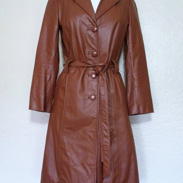 Vintage 1970s Brown Leather Trench Coat, Small Women 