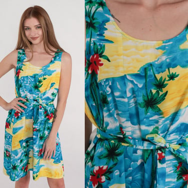 Blue Hawaiian Dress Y2k Tropical Mini Dress Floral Island Palm Tree Print Surfer Sundress Beach Sleeveless Summer Day Vintage 00s Small S 