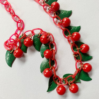 1930s Red Cherries Bakelite and Celluloid Necklace