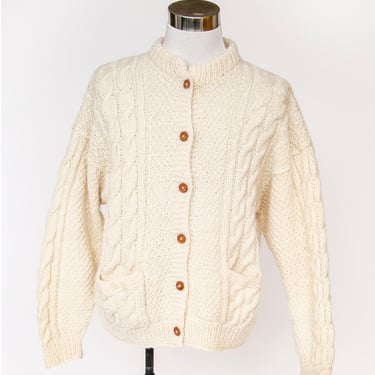 1970s Wool Cardigan Fisherman Sweater Knit L 