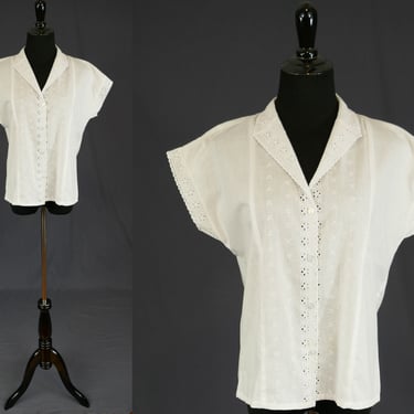 80s White Summer Blouse with White Eyelet Trim - Short Sleeves - Vintage 1980s - L 41