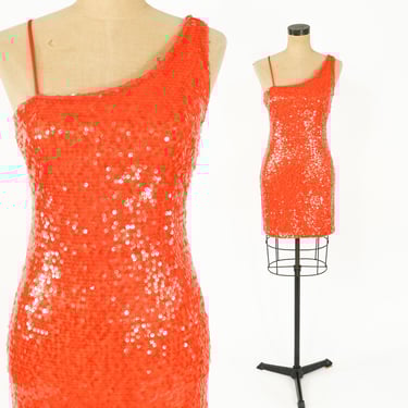 1990s Orange Sequin Mini Dress | 90s Orange One Shoulder Party Dress | Accidentally in Love | Small 