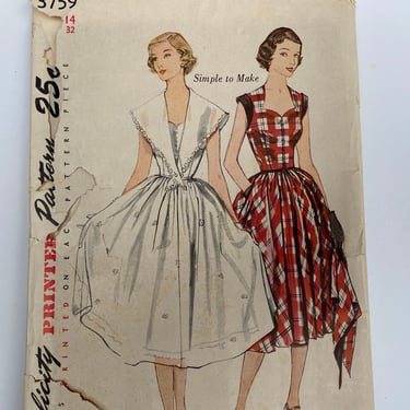 50's Vintage Simplicity 3759, Summer Dress, Size 14 Bust 32, Sewing Pattern, Women's Vintage Fashions, UNCUT 