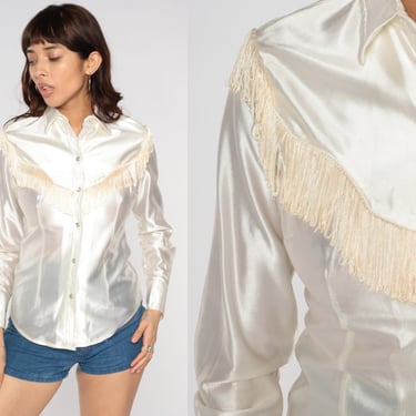 White Western Shirt 80s Fringe Pearl Snap Shirt H Bar C Shiny Rodeo Button Up Blouse Long Sleeve Cowgirl Top Vintage 1980s Extra Small xs 