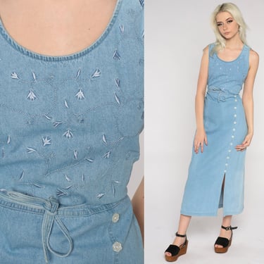 90s Denim Maxi Dress Floral Embroidered Jean Ankle Length Dress Slit Belt Flower Buttons 1990s Grunge Light Blue Sleeveless Vintage Medium M 