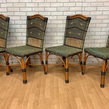 Vintage Grange Stained Rattan and Wood Dining or Patio Chairs - Set of 4