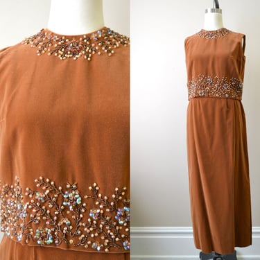 1960s Arbe Beaded Brown Velveteen Top and Skirt Set 