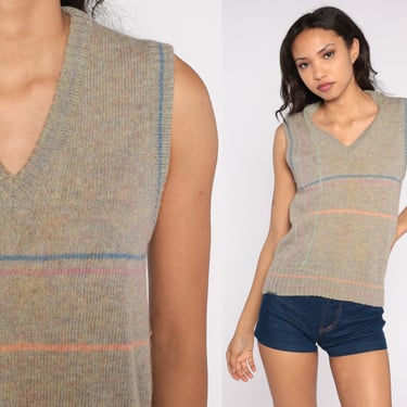 Sleeveless Sweater Vest Top Taupe Checkered Vest Flecked Wool Blend Knit Vest 80s Vintage V Neck Nerd Sweater 1980s Pullover Preppy Small S 