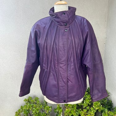 Vintage Mario Valente purple leather bomber jacket Sz M pockets pad shoulder 