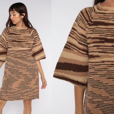 Space Dye Sweater Dress Mini Brown KNIT 70s Boho Dress Striped Dyed Vintage 1970s Shift Hippie Short Sleeve Bohemian Winter Large 