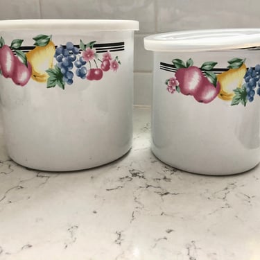 Vintage EMI Enamel Fruit and Floral White Storage Canisters with Lids, Antique Kitchen Storage by LeChalet