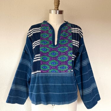 1970s Indigo blue cotton patchwork shirt 