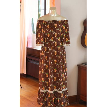 Vintage Prairie Dress - 1970s - Boho, Gunne Sax Style - Floral, Calico - Maxi Dress - Off the Shoulder 