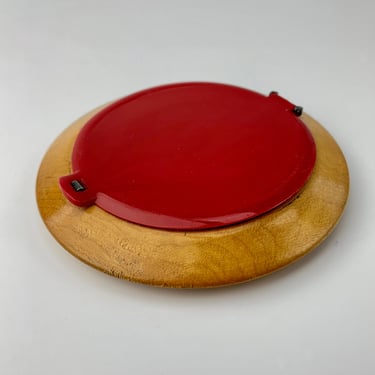 1930's-40's Powder Compact - Maple Hardwood Base with Red Bakelite Lid with Mirror - Powder Filter and Pad 