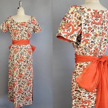1960s Dragon Print Dress / 60s Raw Silk Dragon Motif Gown with Detached Sash / Bombshell Dress / Size Small 