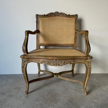 Hollywood Regency French Louis XV - Style Carved Wood Cane Fauteuil Armchair 