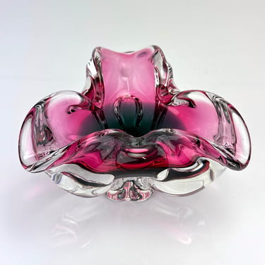 Vintage Murano Swung Tulip Art Glass Ashtray Dish Vase Pink Teal Mid Century Modern 