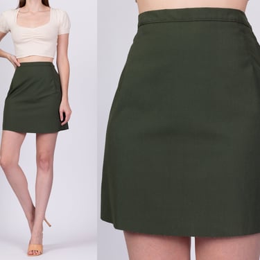 70s Army Green Cut-Off Mini Skirt - Extra Small, 24.5" | Vintage High Waist Pencil Miniskirt 