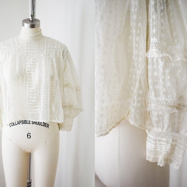 Antique Edwardian Lace Puff Sleeve Blouse | S | c. 1900 Victorian/Edwardian Net Lace Top with Balloon Sleeves 