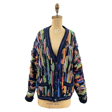 Vintage Coogi Cardigan Retro 1990s Unisex + Size Large + 100% Cotton + Multi-Color + Button Up + Long Sleeve + Deep V + Sweater + Apparel 