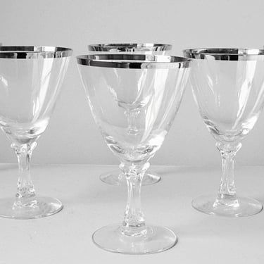 Mid century crystal stemware Fostoria Wedding Ring wine glasses / water goblets w/ platinum silver trim Something old wedding gift LAST PAIR 