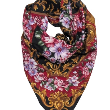 Oscar de la Renta - Black & Multicolor Floral Print Silk Scarf