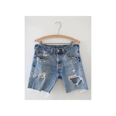 Vintage Levis 501 Denim Shorts - Cut Off Jean Short - Frayed Distressed with Holes - Size 31 x 32 - Button Fly Red Tab Levi's 