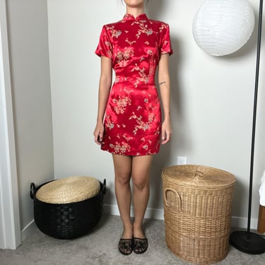 vintage 90s red asian cheongsam qipao satin floral mandarin collar fitted mini dress by chorus line 
