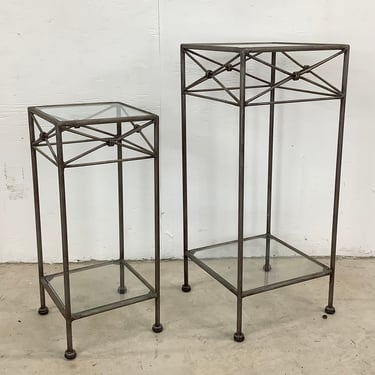 Pair Glass and Iron Modern Display Pedestals 