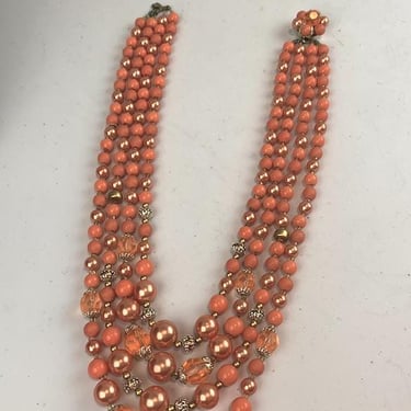 Bahamas Bound at Sunset  - Vintage 1950s 1960s Muted Cantaloupe & Pearl Beads 4 Strand Necklace 